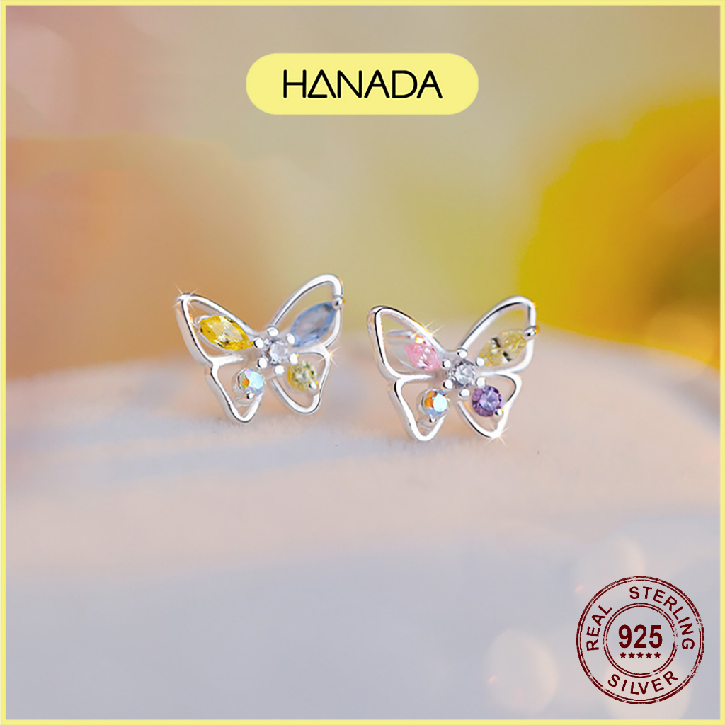 Bông Tai Bạc 925 Hanada Đính Đá Ngũ Sắc Tiểu Thư Nhẹ Nhàng Hồ Điệp 5 Màu 1108 D16