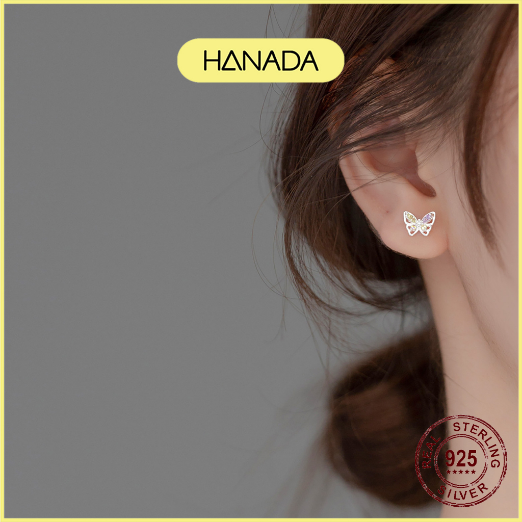 Bông Tai Bạc 925 Hanada Đính Đá Ngũ Sắc Tiểu Thư Nhẹ Nhàng Hồ Điệp 5 Màu 1108 D16