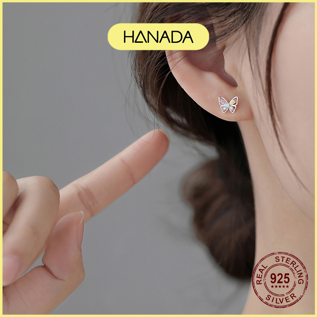 Bông Tai Bạc 925 Hanada Đính Đá Ngũ Sắc Tiểu Thư Nhẹ Nhàng Hồ Điệp 5 Màu 1108 D16