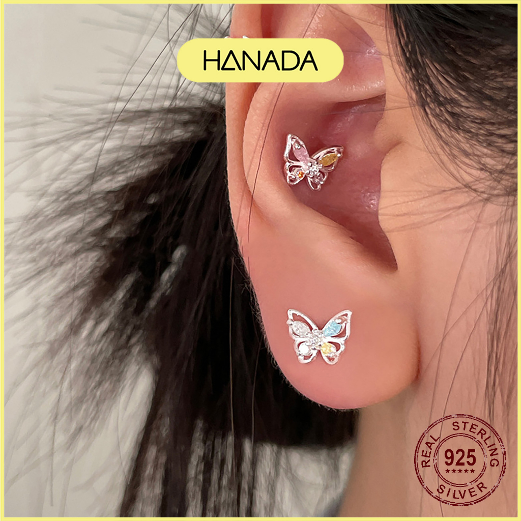 Bông Tai Bạc 925 Hanada Đính Đá Ngũ Sắc Tiểu Thư Nhẹ Nhàng Hồ Điệp 5 Màu 1108 D16