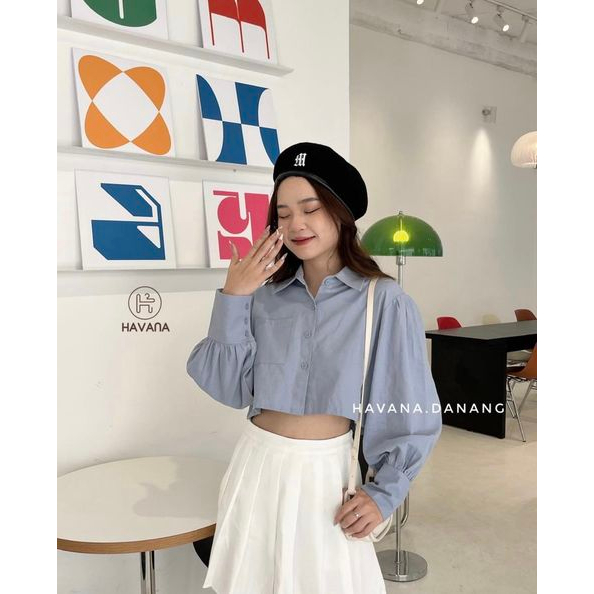 Áo sơ mi crop tay dài phpng cách hàn quốc hot 2023