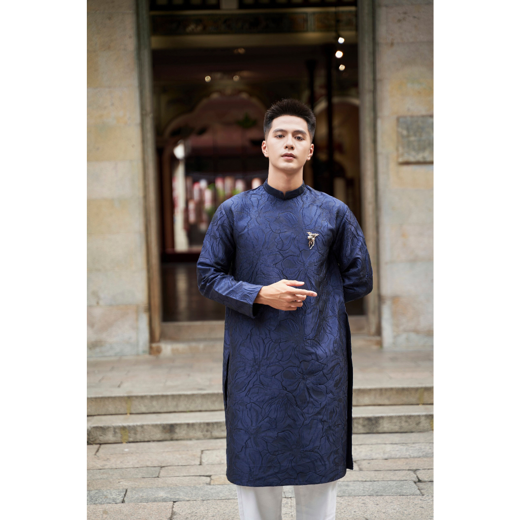 Áo dài cách tân nam kèm cài áo màu xanh than chất gấm vân hoa ly cao cấp - Manly Design - M01