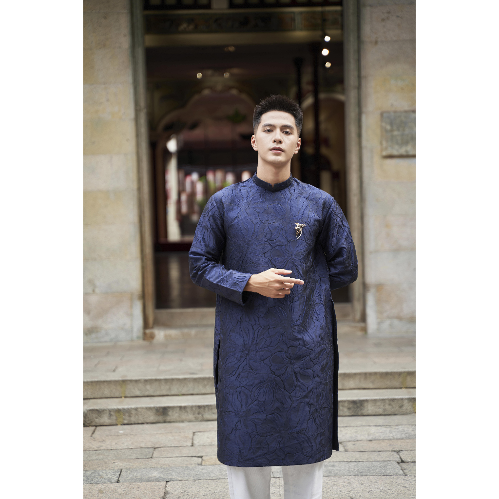 Áo dài cách tân nam kèm cài áo màu xanh than chất gấm vân hoa ly cao cấp - Manly Design - M01