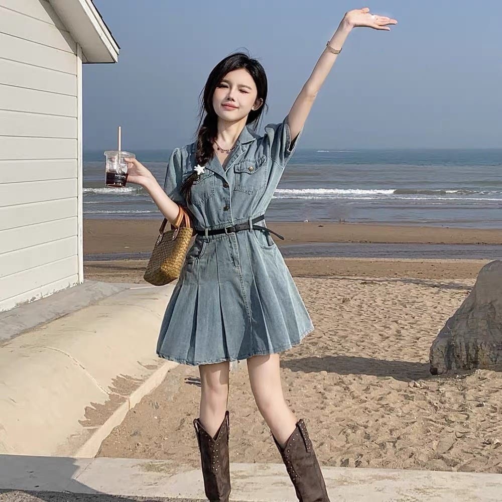 Váy jean xếp li xòe