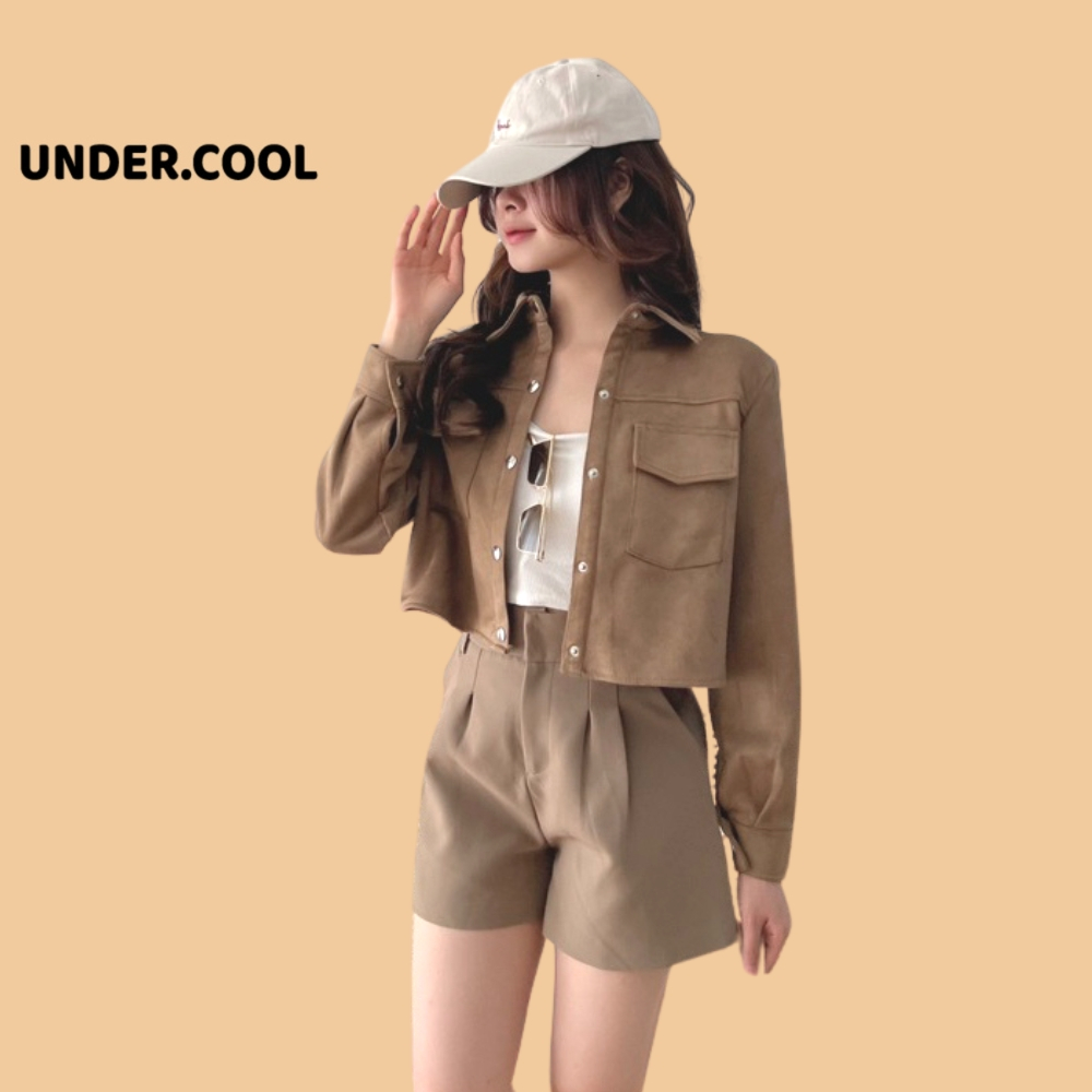 Áo Khoác da lộn Croptop Túi Hộp Cúc Bấm UNDERCOOL Đệm Vai túi nắp dày dặn ấm áp