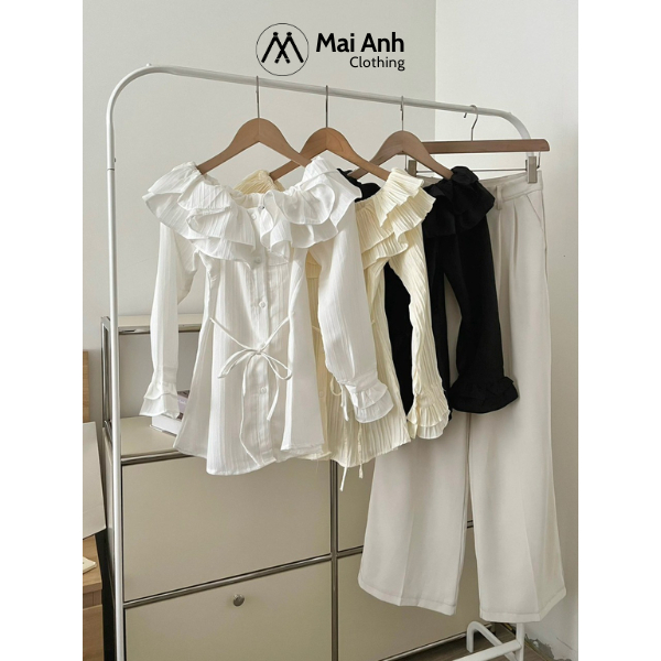Áo trễ vai bèo tầng tay ngắn chất đũi gân Mai Anh Clothing