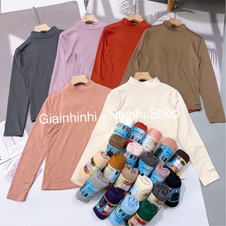 Áo giữ nhiệt nữ cổ 3P CÓ LÓT NỈ, Áo thun lót nỉ giữ ấm cổ tròn cao 3cm - NhiNhiShop