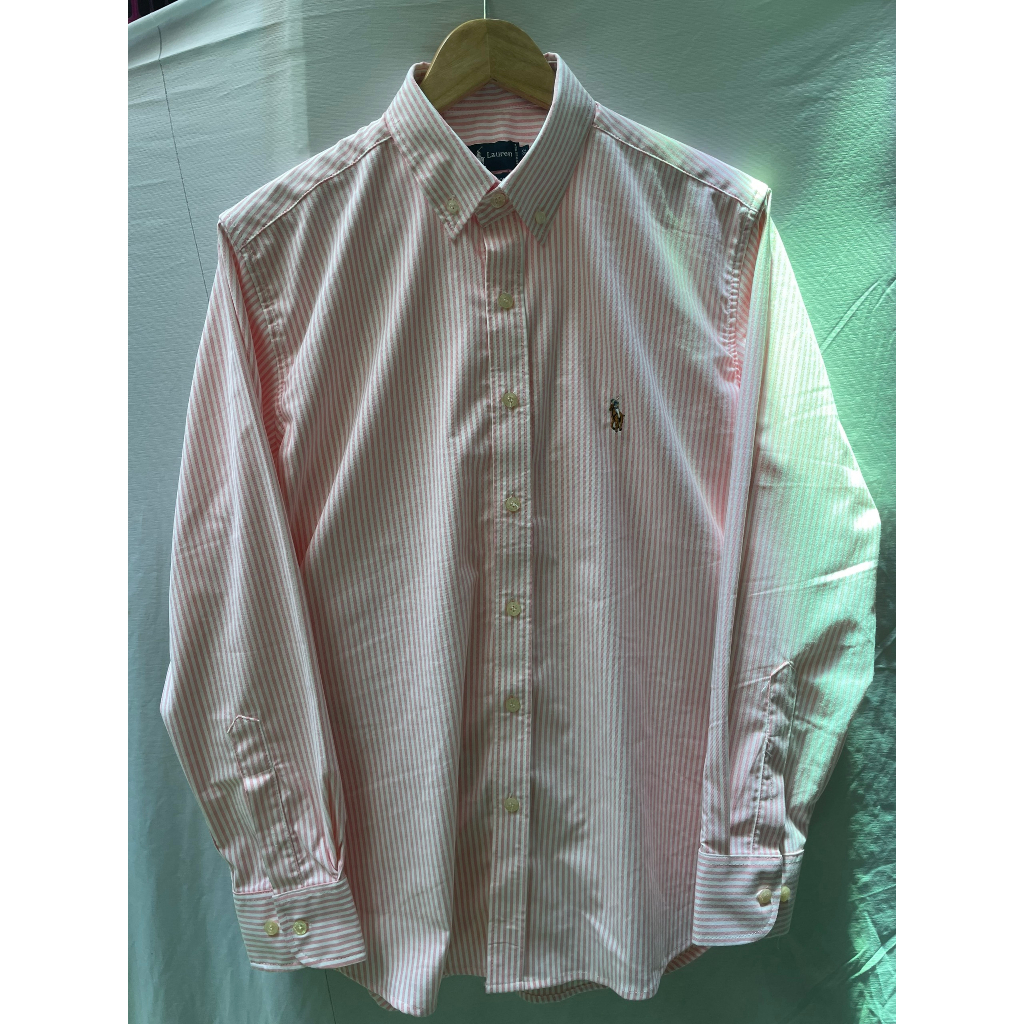 ÁO SƠMI NAM,NỮ VẢI OXFORD 100% COTTON, TAY DÀI, DÁNG PHONG CÁCH CHÂU ÂU, MÀU HỒNG CAM KẺ TRẮNG.