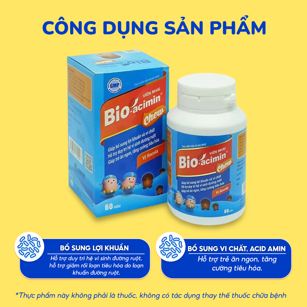Viên nhai cho bé và người lớn Bio acimin Chew hỗ trợ ăn ngon cải thiện tiêu hóa - hộp 60 viên