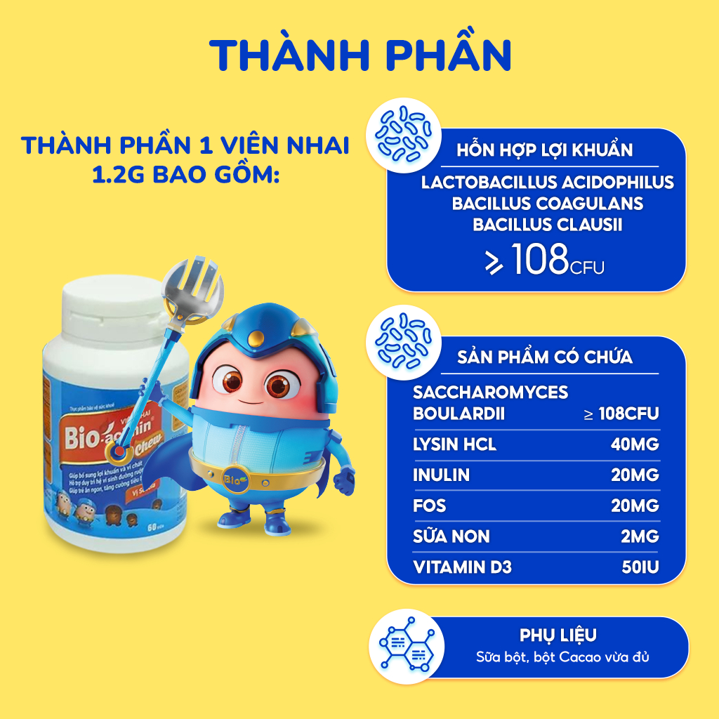 Viên nhai cho bé và người lớn Bio acimin Chew hỗ trợ ăn ngon cải thiện tiêu hóa - hộp 60 viên