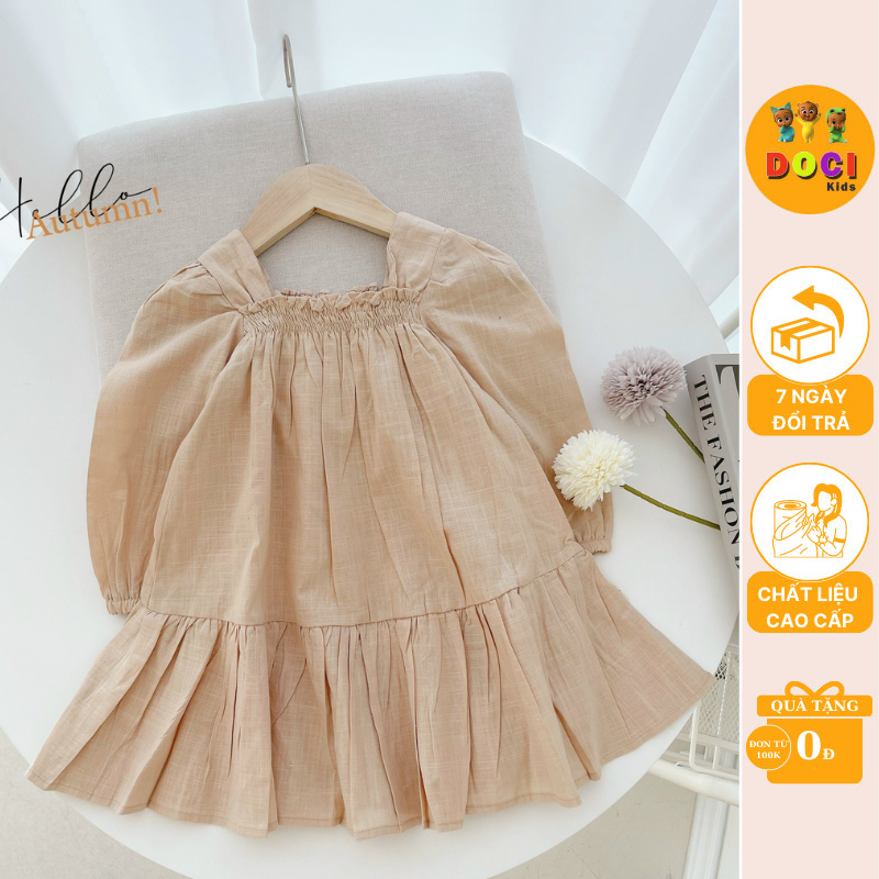 Đầm Bé Gái Tay Dài Cổ Vuông Nhún Chun Ngực Sang Chảnh Cho Bé- Docikids