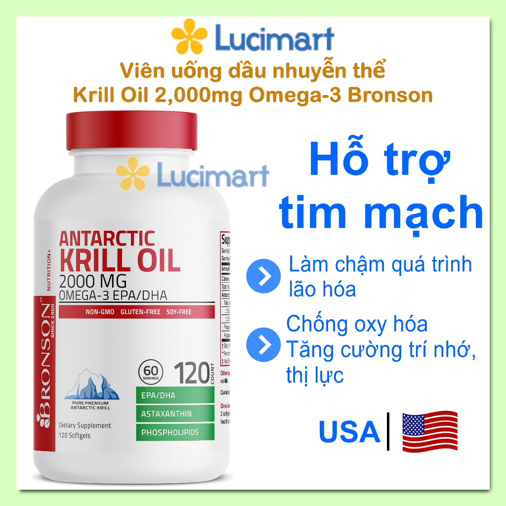 Viên uống dầu nhuyễn thể Krill Oil 2,000mg Omega-3 Bronson hộp 120 viên