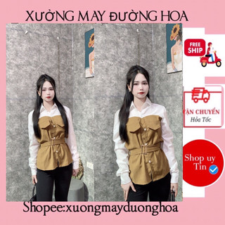 Áo sơ mi phối màu kèm đai siêu xinh