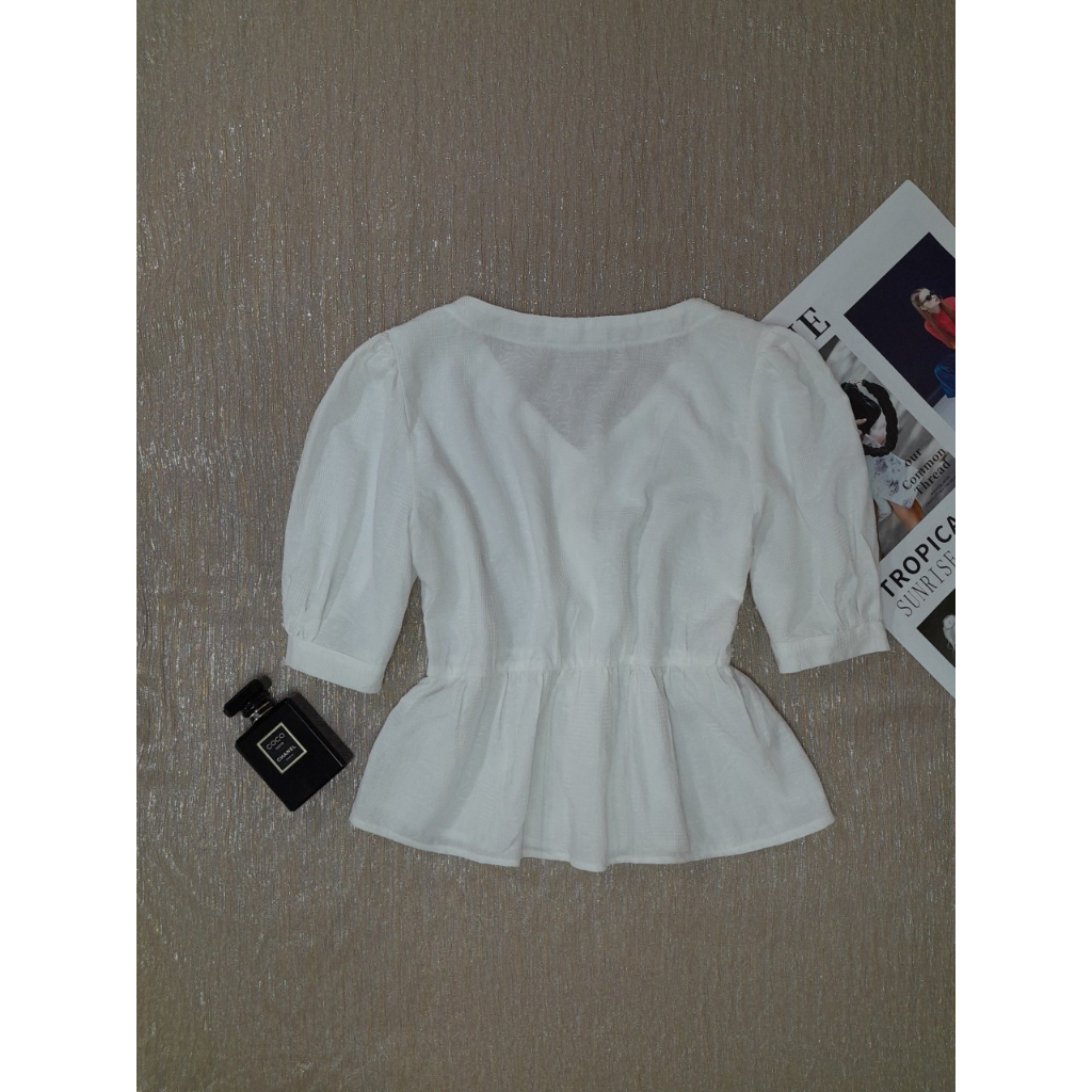 Áo kiểu peplum nữ nhà Phương vải thô cổ tim tay phồng P102