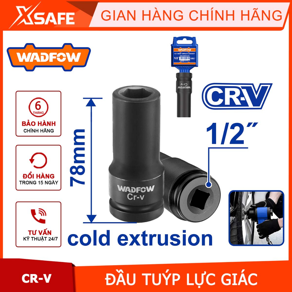 Đầu tuýp lục giác 1/2 inch bản dài đủ kích cỡ WADFOW đầu khẩu thép Cr-V siêu cứng chống rỉ sét mở bulong ốc
