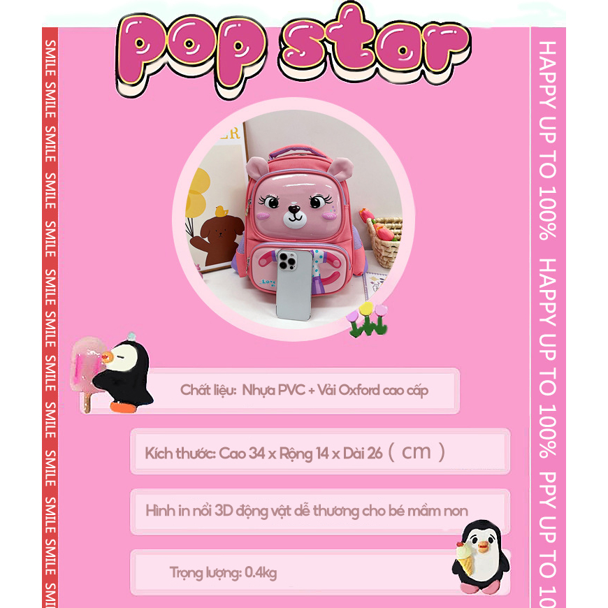 Balo mầm non cặp cho bé trai gái đi học mẫu giáo in 3d ngộ nghĩnh đáng yêu vải oxford cao cấp 1330