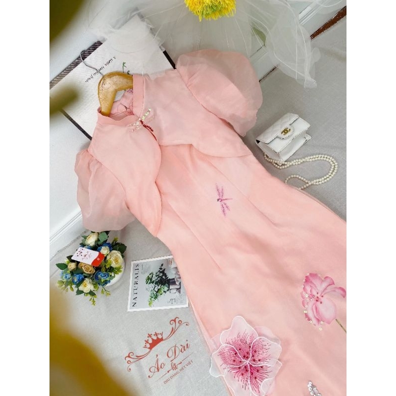 Áo dài tơ cách tân 4 tà organza Mộng Điệp tay bồng tiểu thư cách điệu shop thời trang đẹp 2023
