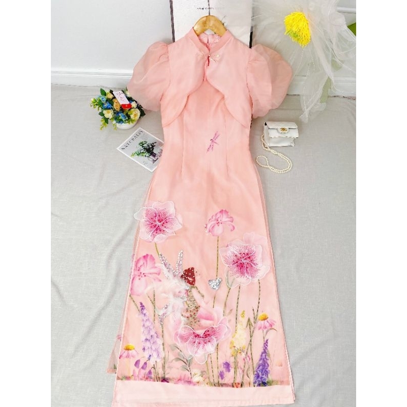 Áo dài tơ cách tân 4 tà organza Mộng Điệp tay bồng tiểu thư cách điệu shop thời trang đẹp 2023