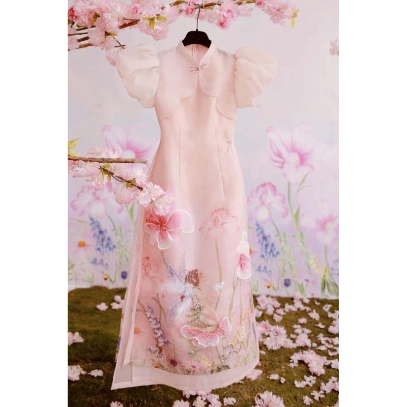 Áo dài tơ cách tân 4 tà organza Mộng Điệp tay bồng tiểu thư cách điệu shop thời trang đẹp 2023