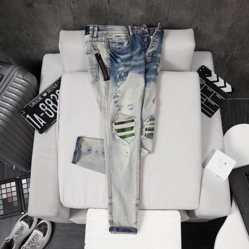 Quần jean bò nam Amiri slimfit xanh khói rách tua xù đùi gối vá vải nhăn sọc xanh lá 4 cúc chữ