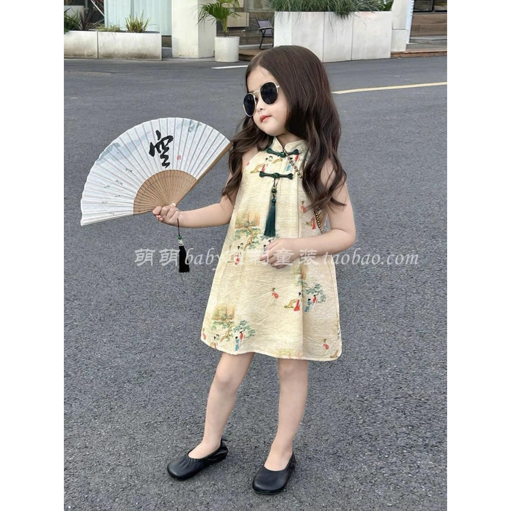Váy cổ yếm cách tân xinh xắn cho bé gái diện trung thu (Trải sàn là ảnh thật)
