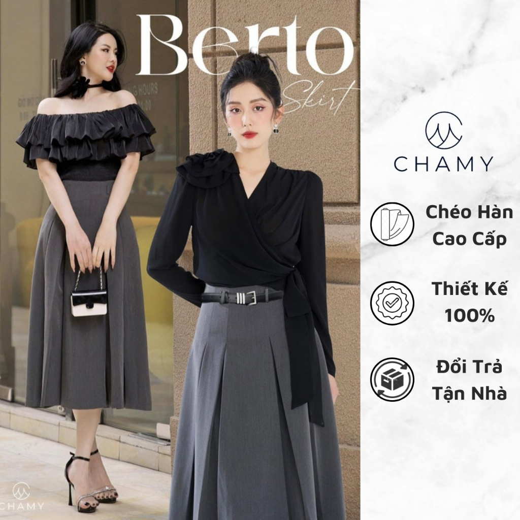 Chân Váy 𝐂𝐇𝐀𝐌𝐘 Berto Thiết Kế Xếp Li Sang Trọng Tinh Tế Chất Chéo Hàn Cao Cấp