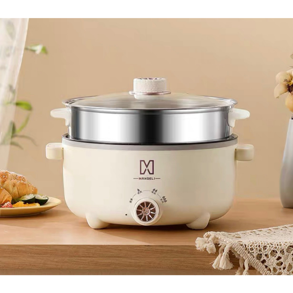 Nồi lẩu điện đa năng 2 tầng đường kính 28cm tặng kèm vỉ hấp inox có lớp chống dính vân đá dùng để chiên,xào, hấp, lẩu