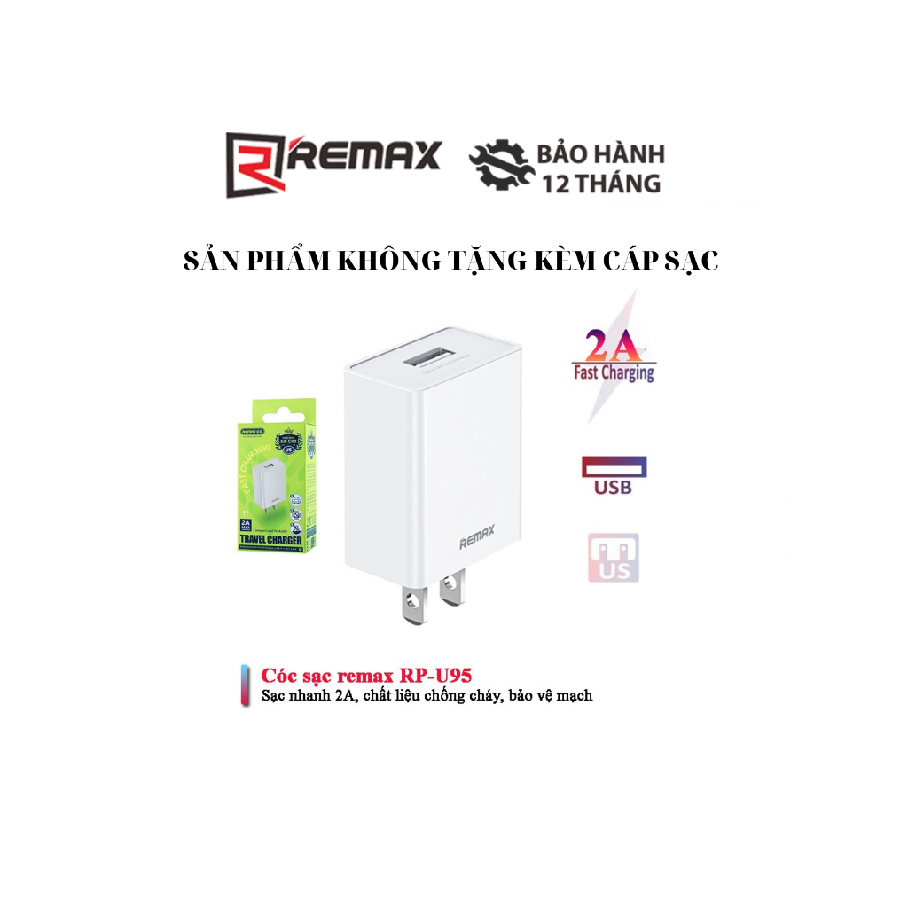 Cốc sạc điện thoại cổng USB Remax RP-U95 Max 2A