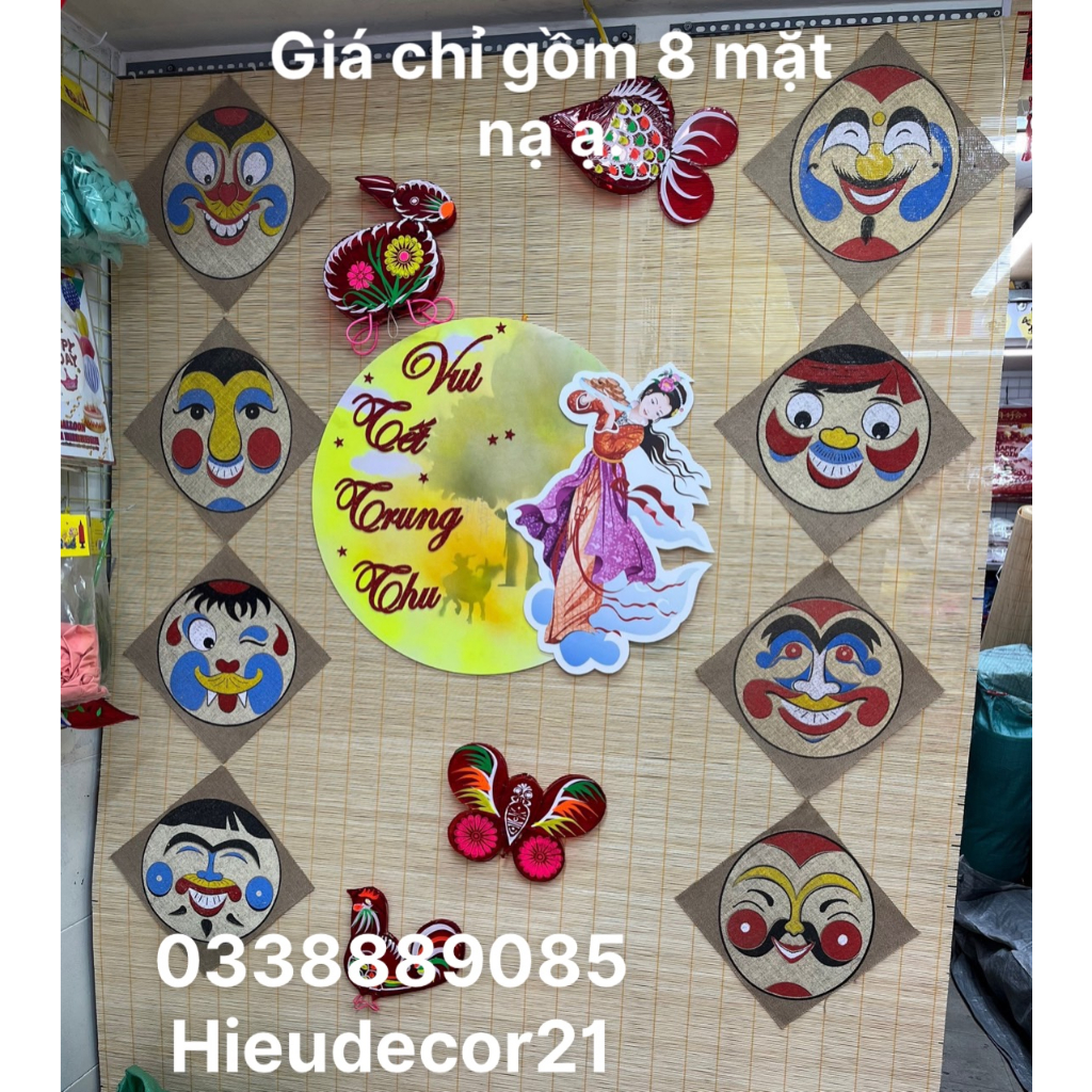 Bộ 8 mặt nạ truyền thống treo trang trí trung thu, lễ Tết (mẫu mới)