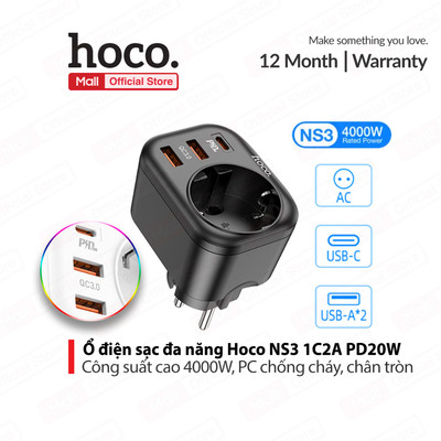 Ổ điện sạc đa năng Hoco NS3 1 cổng Type-C và 2 cổng USB, công suất cao 4000W.PC chống cháy,chân tròn