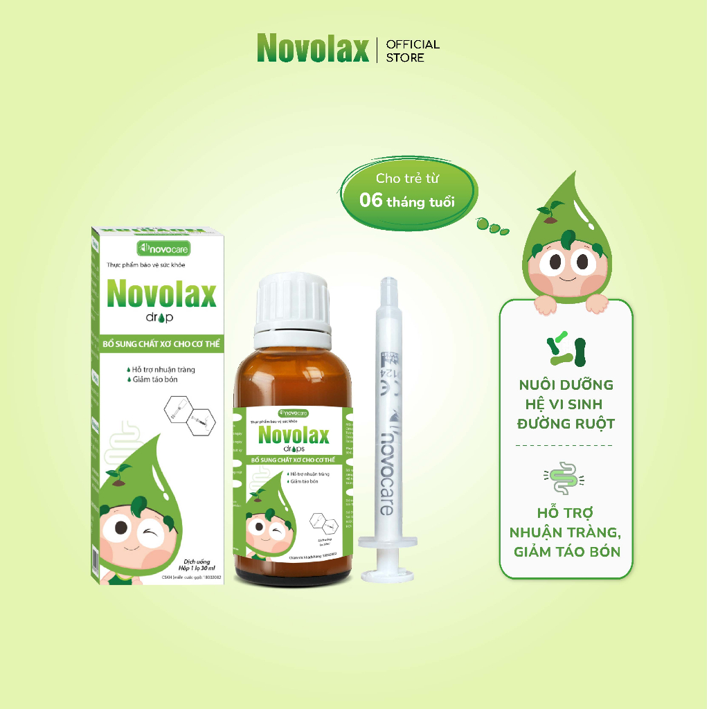 Chất xơ hòa tan Novocare Novolax Drops - Giảm táo bón chuyên biệt cho trẻ từ 6 tháng tuổi dạng nhỏ giọt lọ 30ml