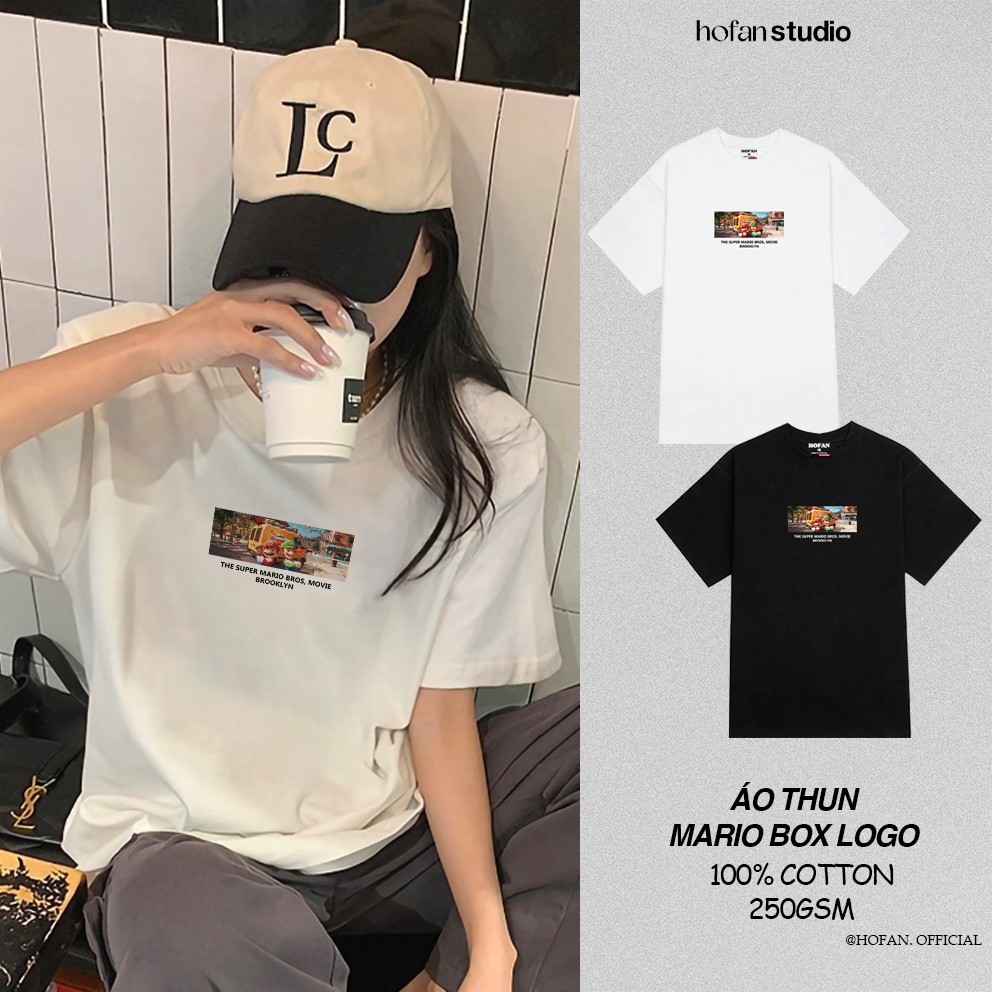 Áo thun tay lỡ unisex nam nữ trơn BOX LOGO MARIO cotton form rộng oversize nhiều màu định lượng vải 250GSM