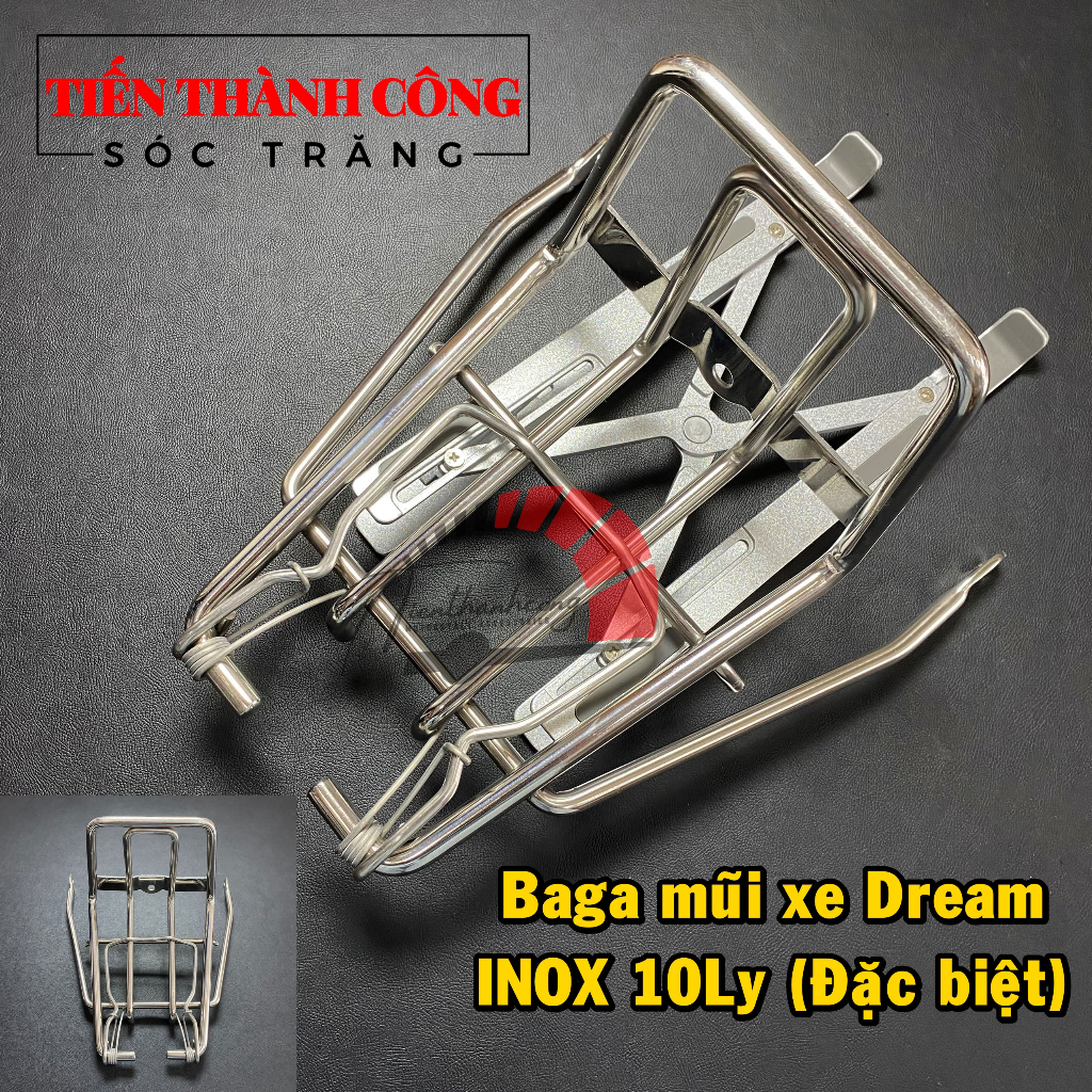Baga mũi xe Dream INOX đặc 10Ly (đặc biệt), mẫu có lò xo và kẹp, chắc chắn, chịu tải tốt/Baga trước Dream INOX 10Ly