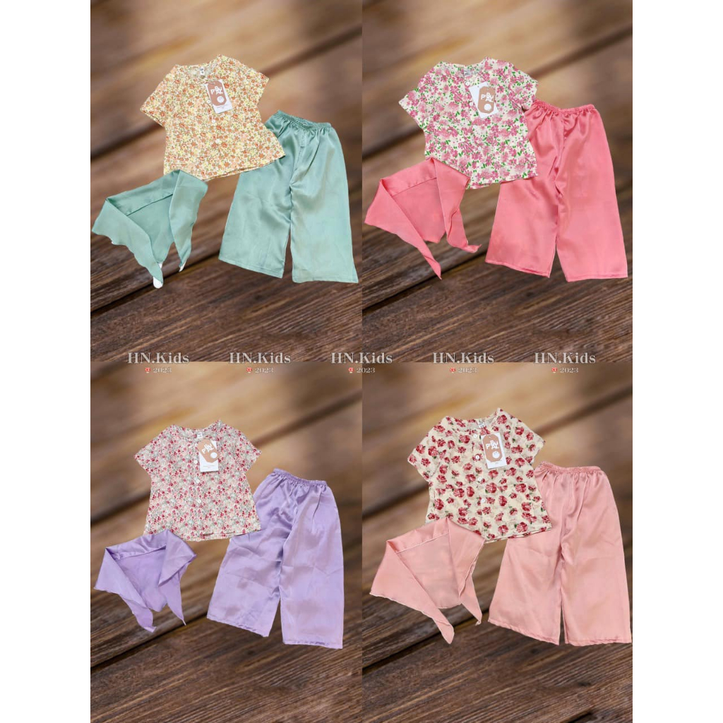 Set áo bà ba hoa nhí phối quấn lụa KÈM KHĂN cho bé gái size 8-28kg