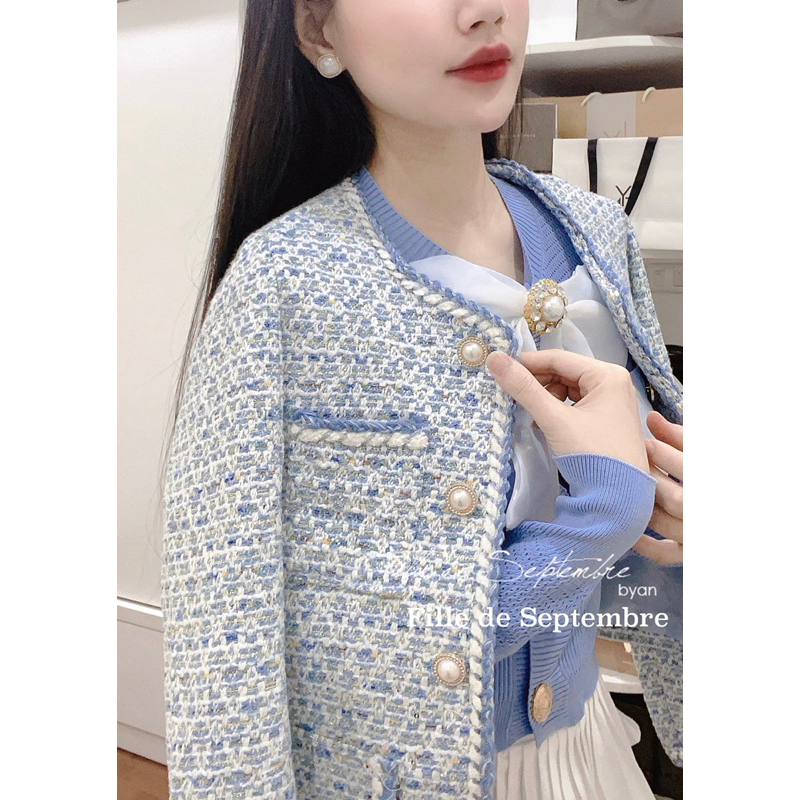 Áo khoác dạ tweed xanh khuy ngọc QCCC