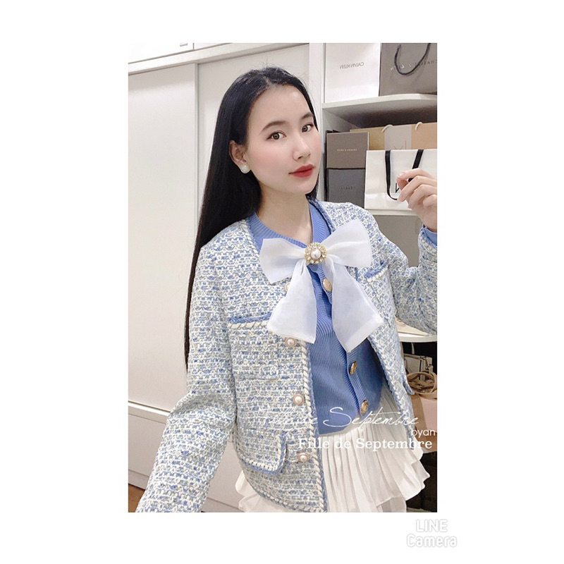 Áo khoác dạ tweed xanh khuy ngọc QCCC