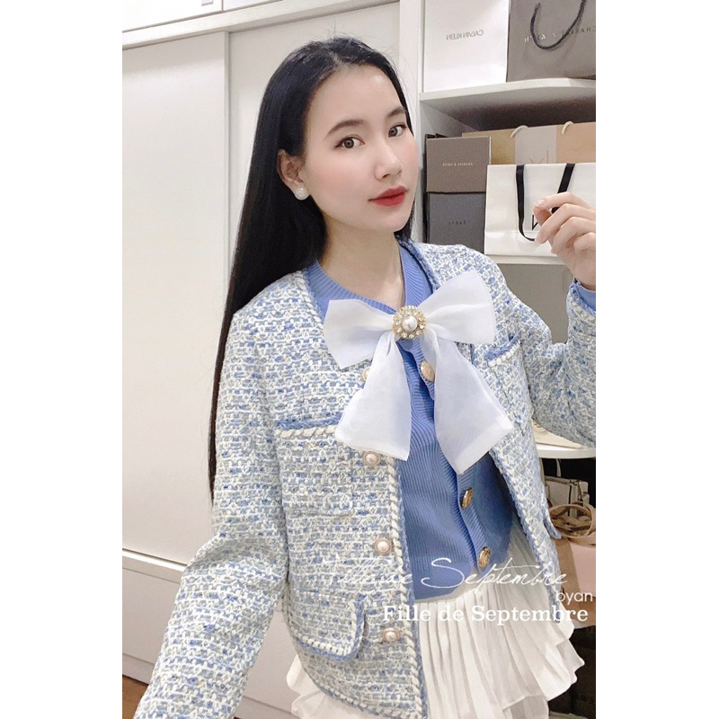 Áo khoác dạ tweed xanh khuy ngọc QCCC