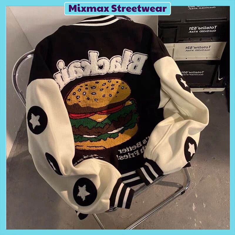 Áo khoác bomber varsity jacket bóng chày hamburger chữ nổi hiphop unisex Ulzzang siêu chất ❤️