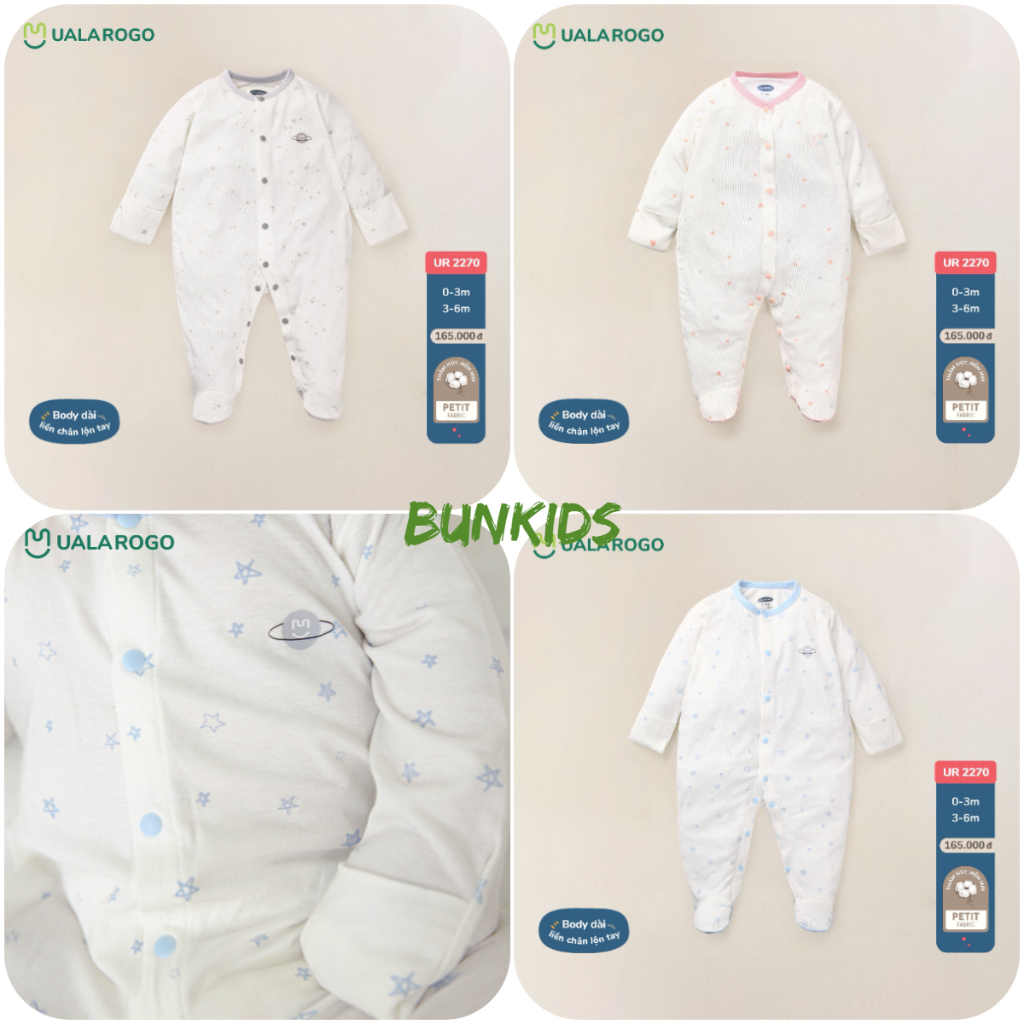 Bộ liền tất Body UALA ROGO vải petit mềm mỏng bé sơ sinh 2270 Ualarogo