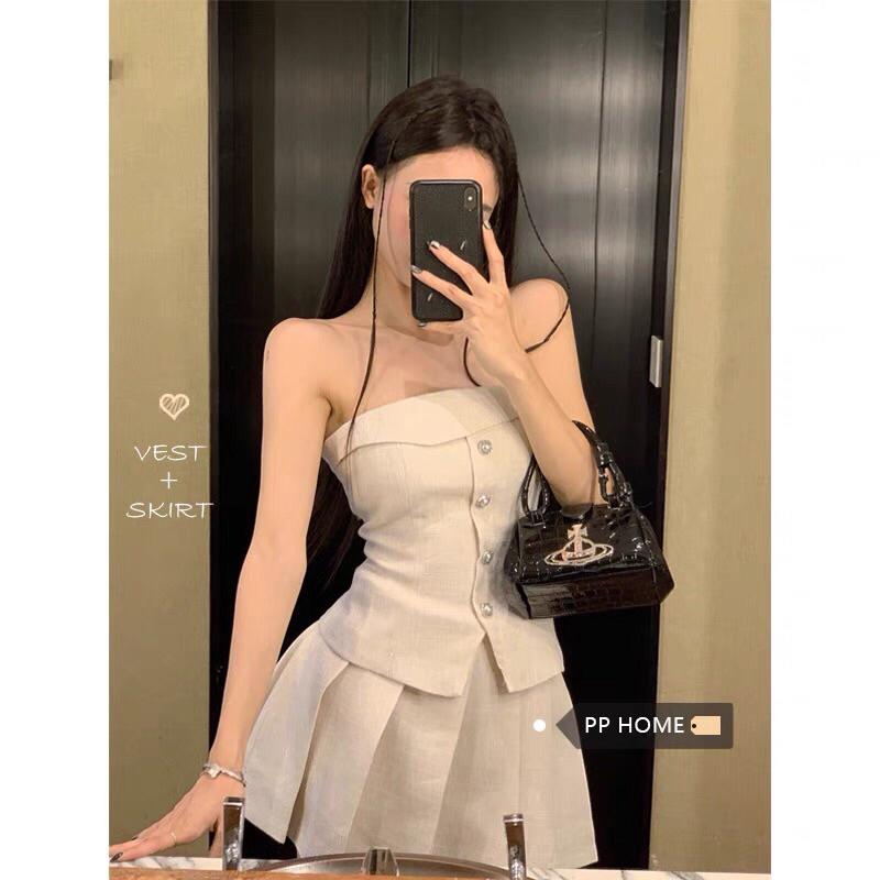 Công chúa Paris ~ Áo ống Xiaoxiangfeng + eo cao váy xếp ly hot girl váy hai mảnh nữ