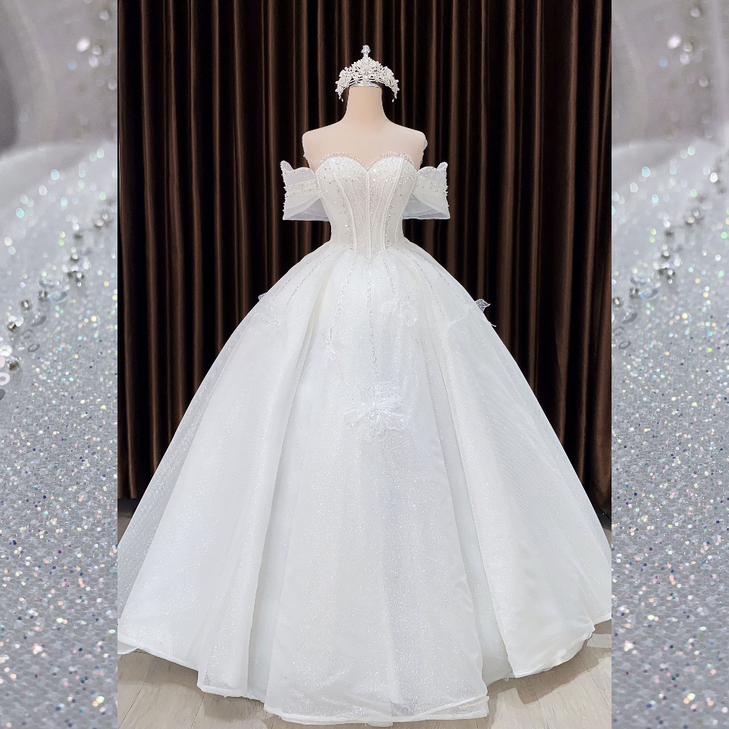 Áo cưới trắng hoa ren 3D trễ vai che bắp tay dòng váy Basic cho cô dâu đón khách mã 163