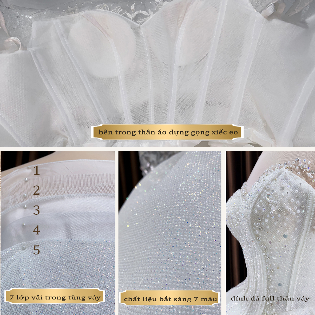 Áo cưới trắng hoa ren 3D trễ vai che bắp tay dòng váy Basic cho cô dâu đón khách mã 163