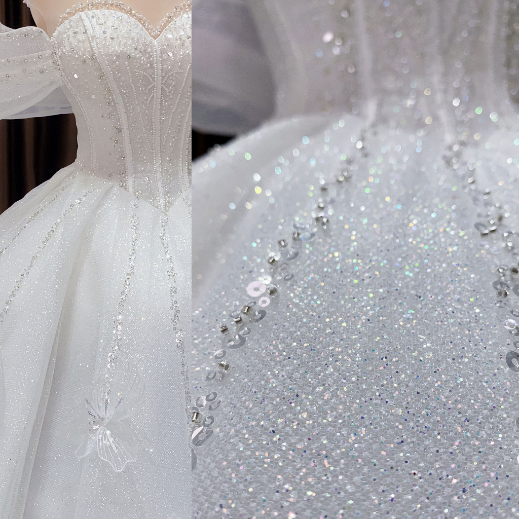 Áo cưới trắng hoa ren 3D trễ vai che bắp tay dòng váy Basic cho cô dâu đón khách mã 163