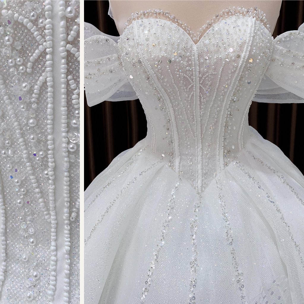 Áo cưới trắng hoa ren 3D trễ vai che bắp tay dòng váy Basic cho cô dâu đón khách mã 163