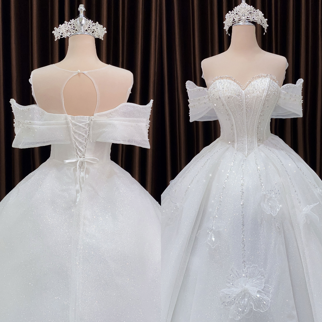 Áo cưới trắng hoa ren 3D trễ vai che bắp tay dòng váy Basic cho cô dâu đón khách mã 163