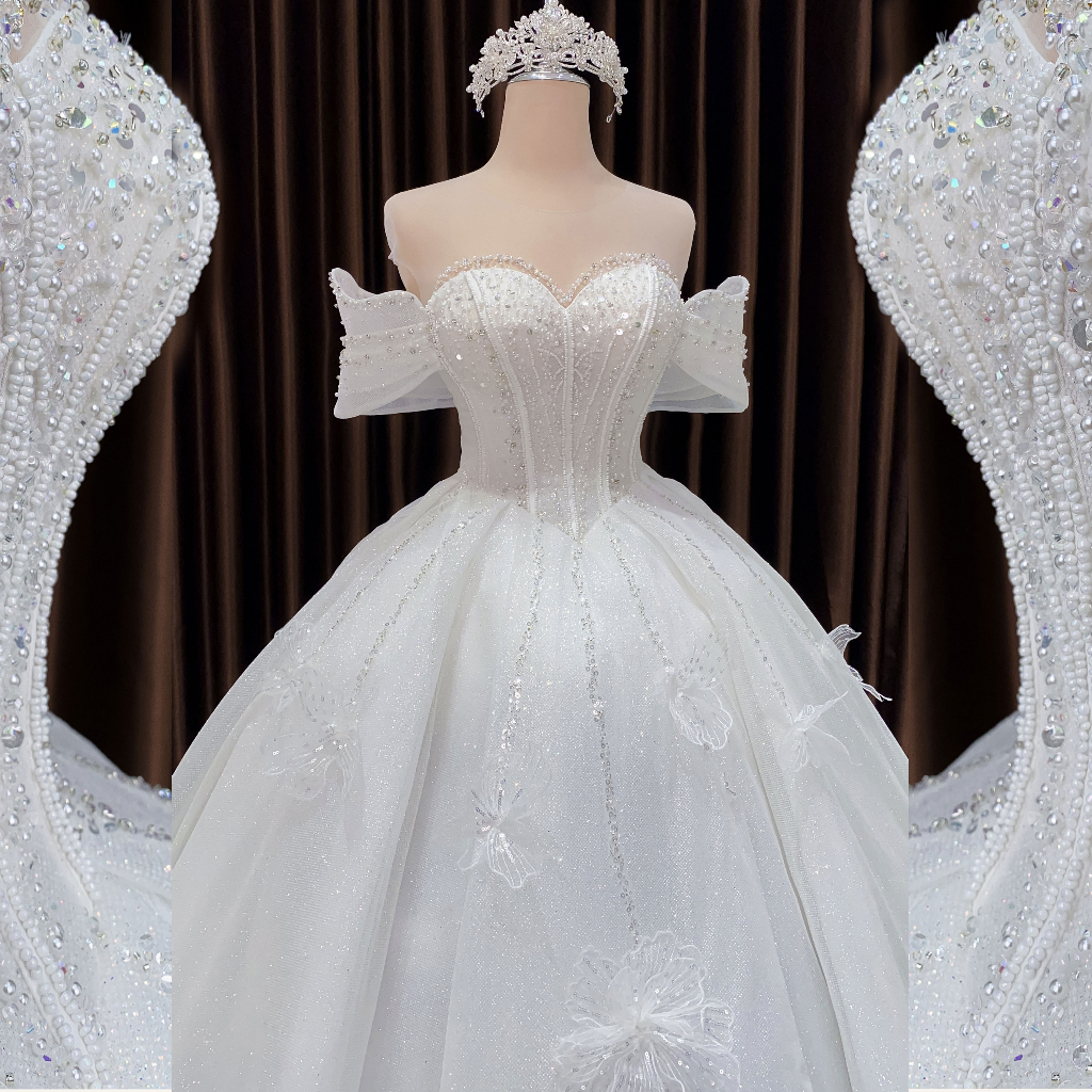 Áo cưới trắng hoa ren 3D trễ vai che bắp tay dòng váy Basic cho cô dâu đón khách mã 163