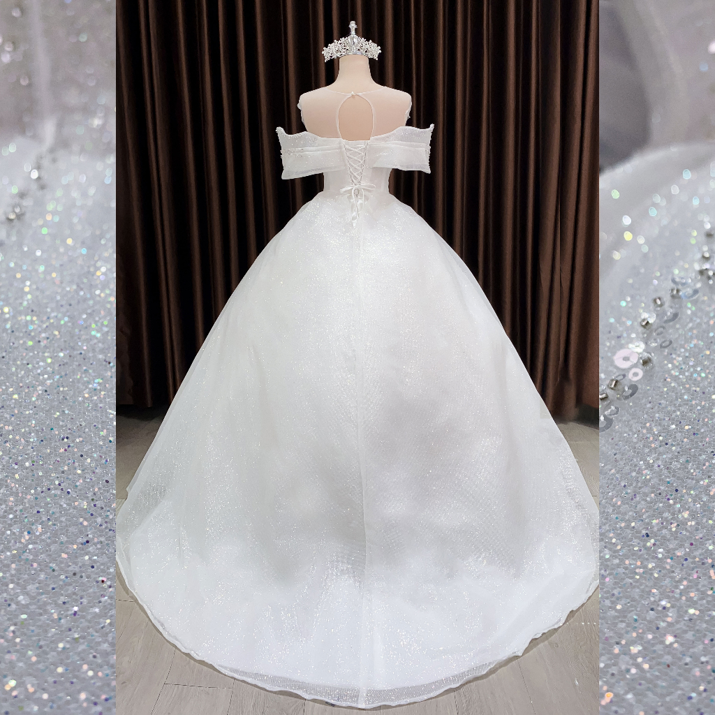 Áo cưới trắng hoa ren 3D trễ vai che bắp tay dòng váy Basic cho cô dâu đón khách mã 163