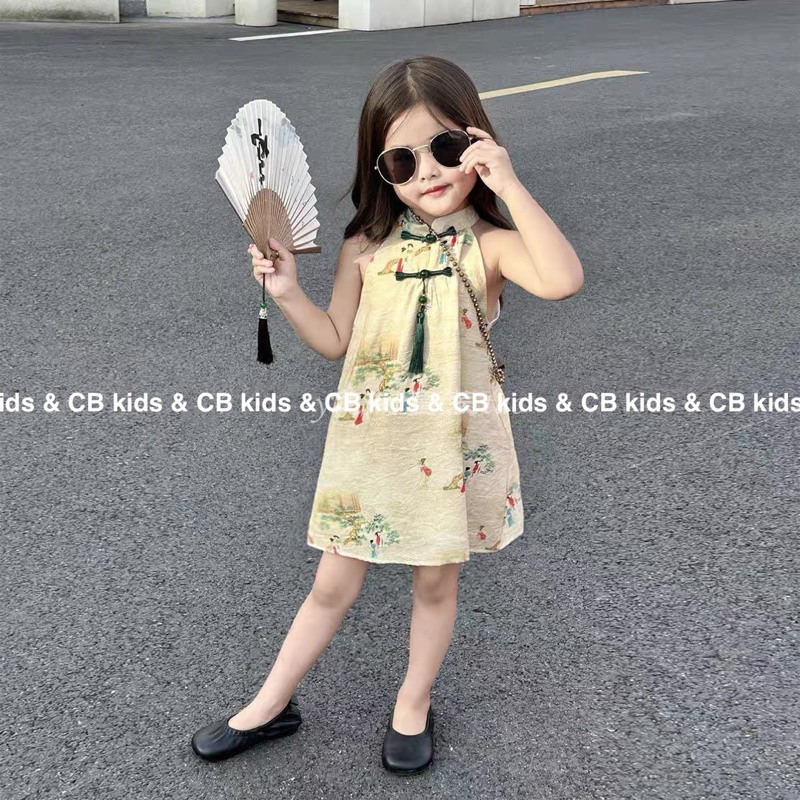 Áo trung hoa cách tân cổ yếm cho bé gái diện Trung thu, Tết size đại, sườn xám