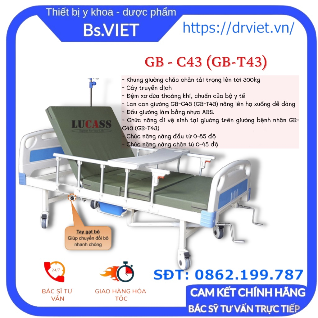Giường bệnh nhân 3 tay quay Lucass GB-C43  chính hãng và bền bỉ phù hợp cho bệnh nhân, người già, người bị liệt
