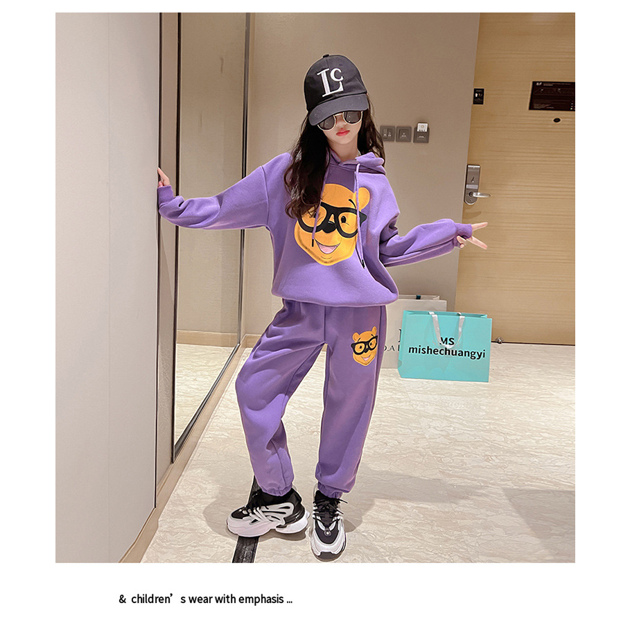 Bộ quần áo hoodie thu đông bé gái 18-48kg từ 4-14 tuổi mẫu Gấu Đeo Kính. Set đồ bé gái, hoodie bé gái